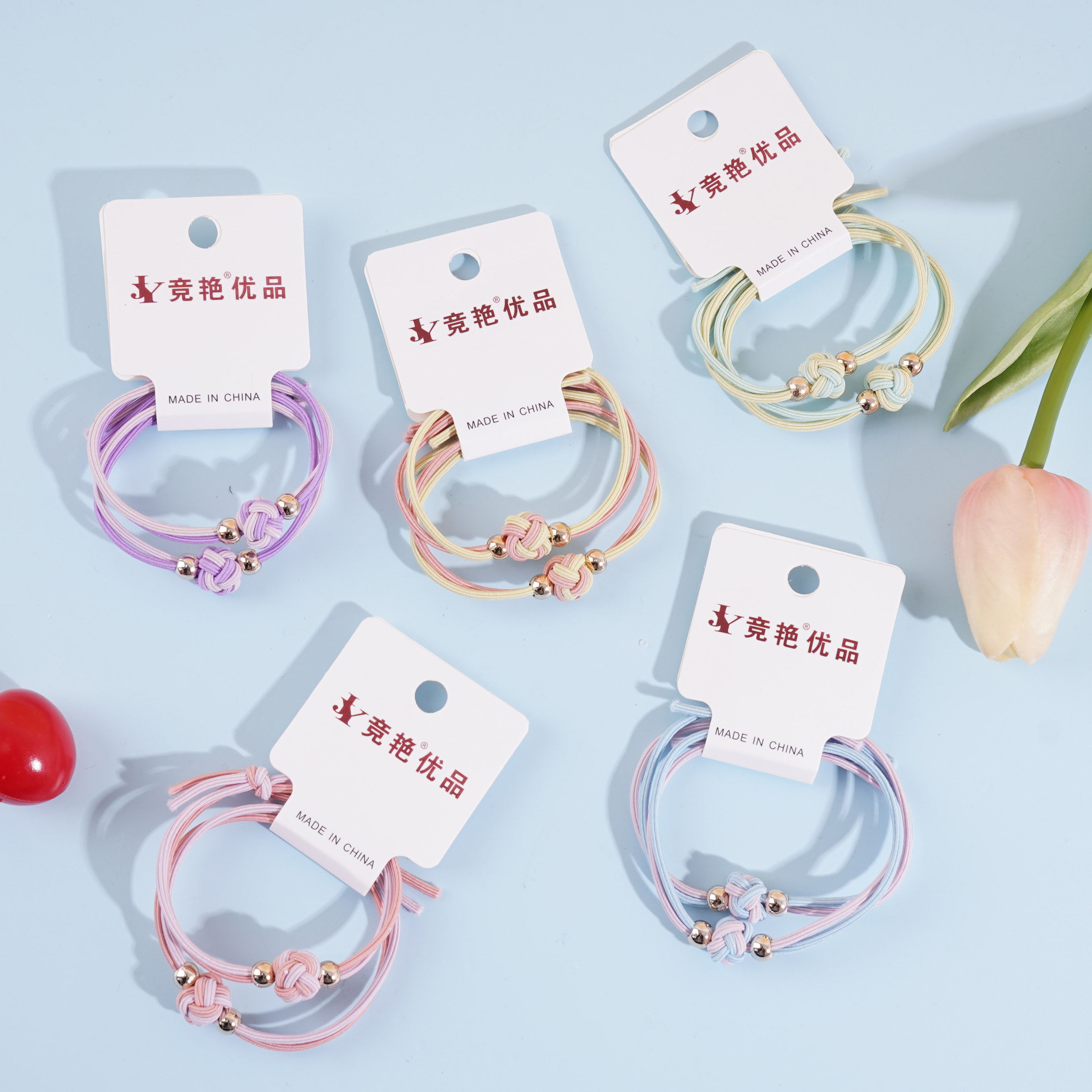 2根彩色球结金珠头绳皮筋