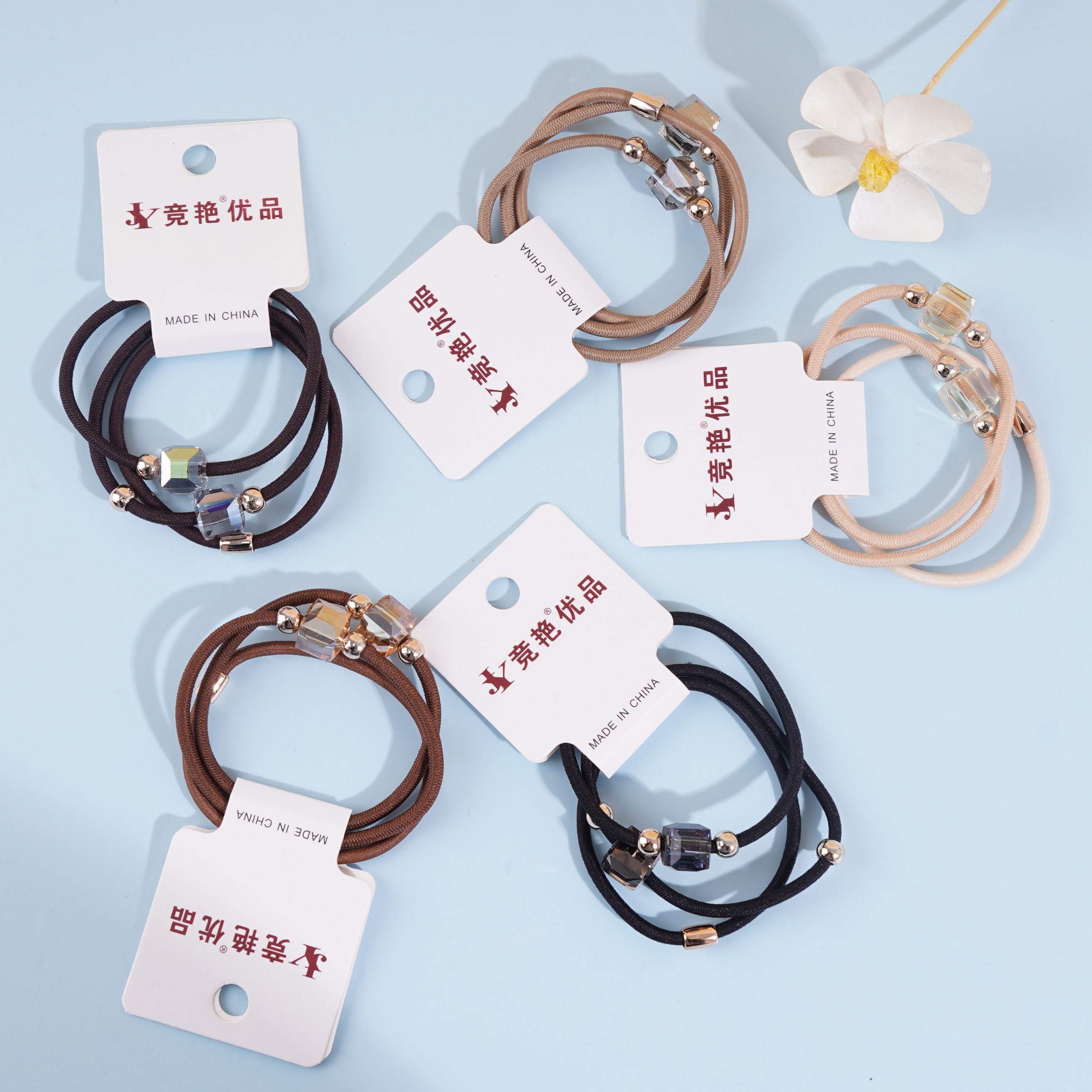 3 crystal gold bead leather head rope rubber bands