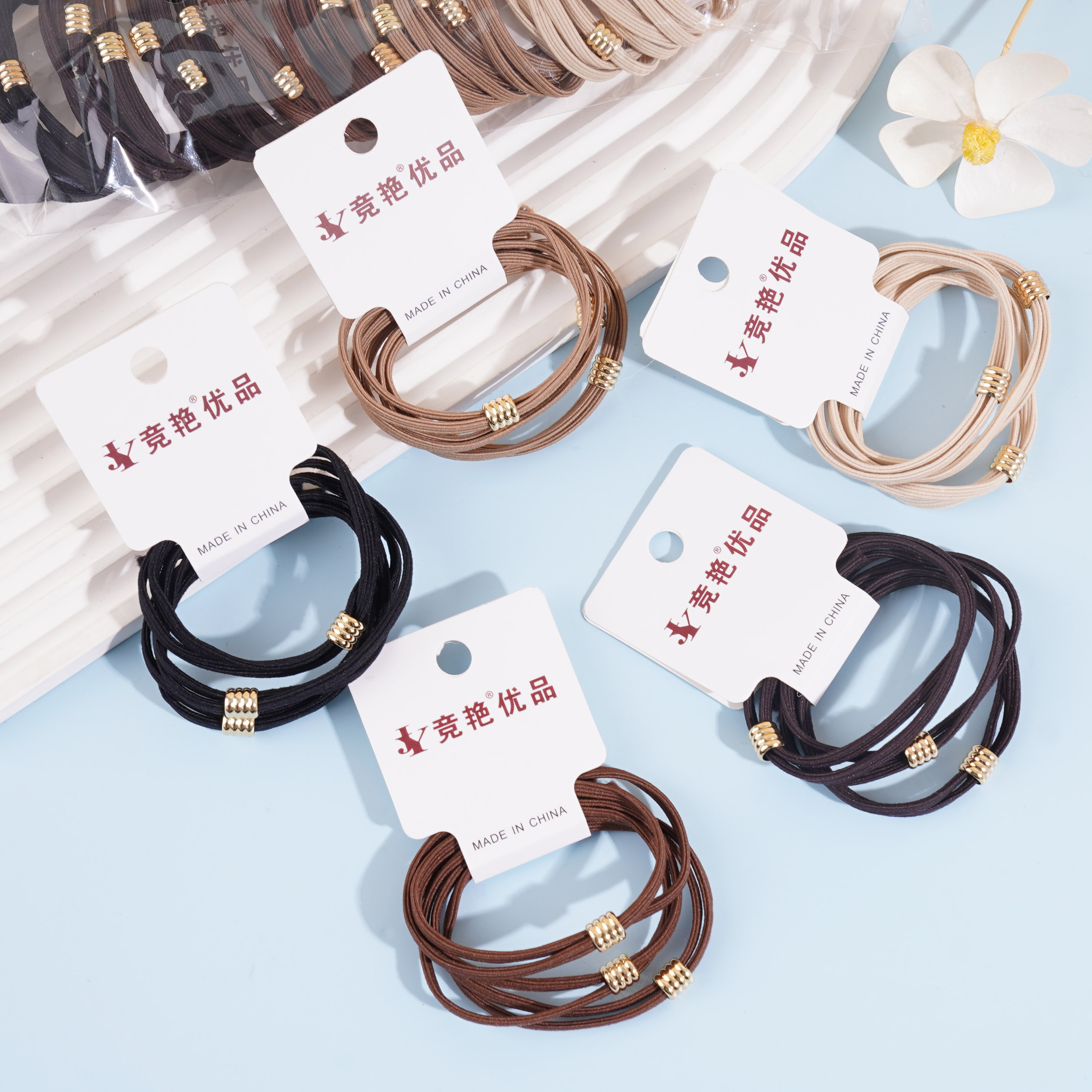 3 flat-skin linked beaded necklaces with leather string and rubber bands