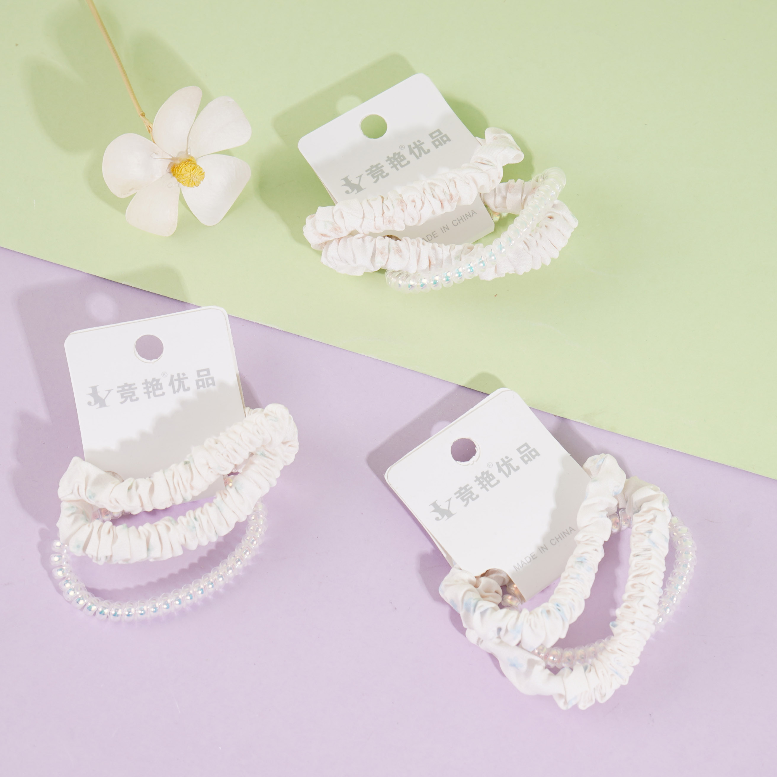 3根春天色印花小肠电话线组合头绳皮筋