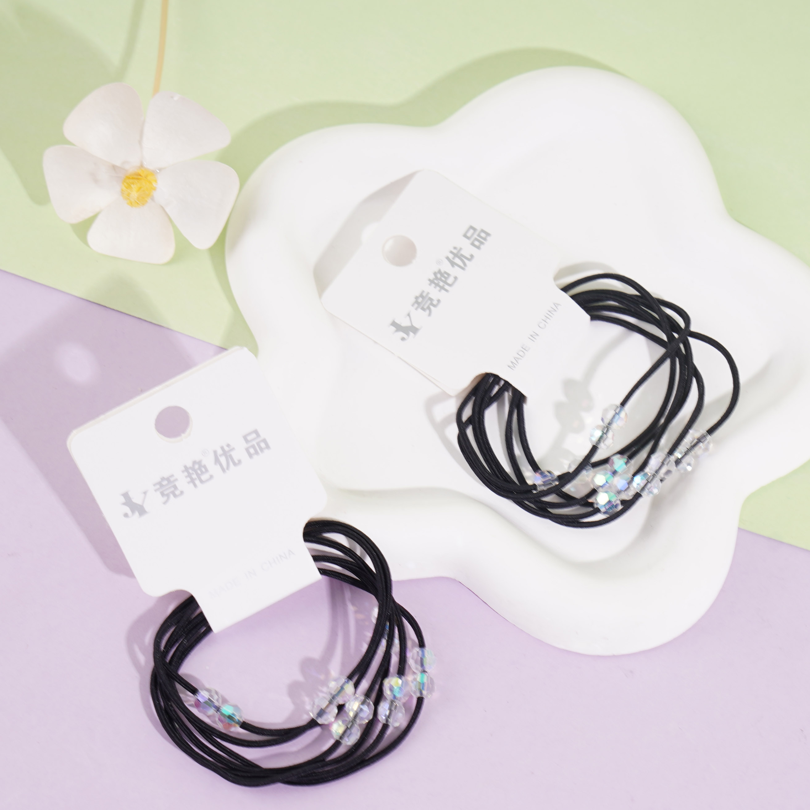 2 lampshade crystal rose knotted rope elastic bands (black)