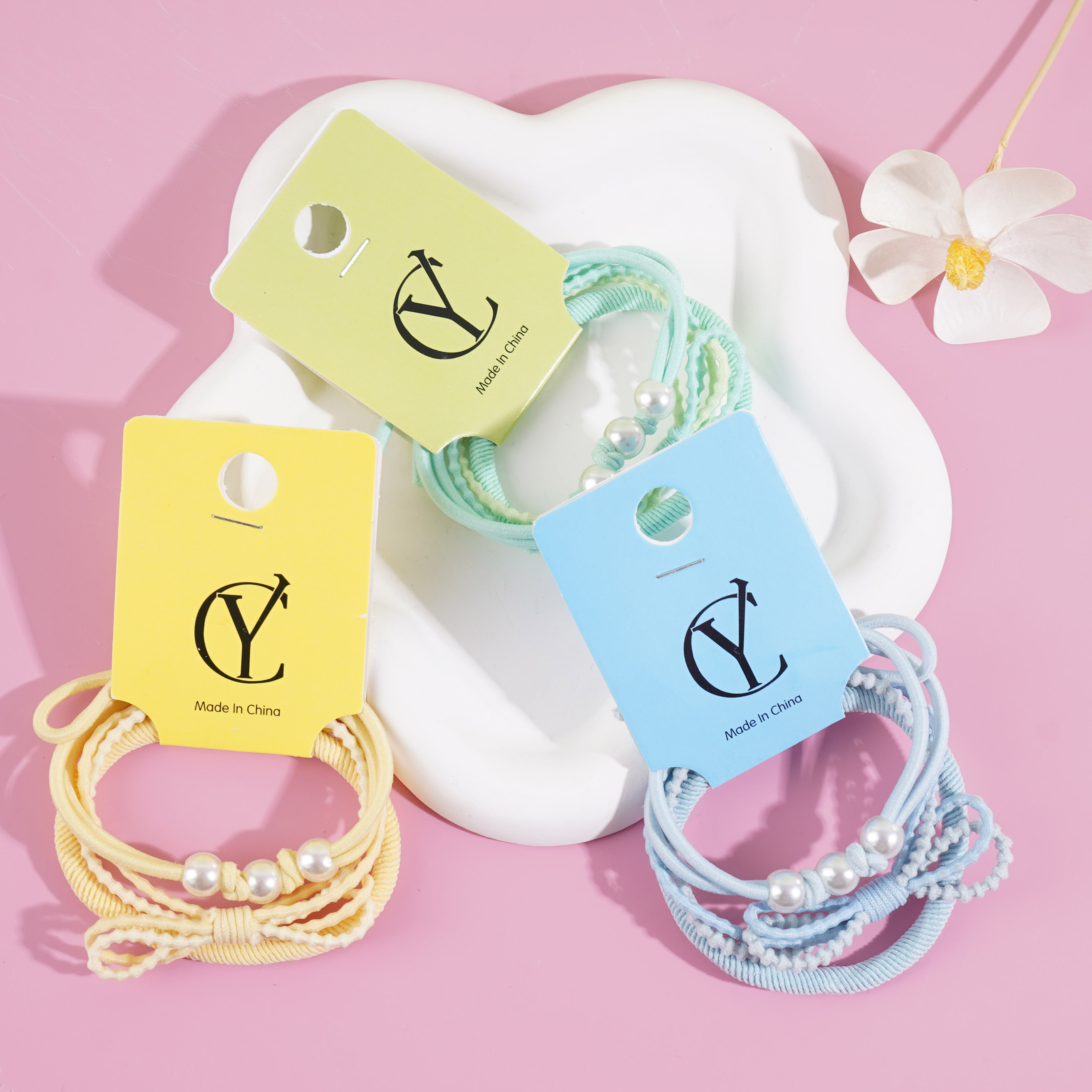 3根彩色蝴蝶结珍珠组合头绳皮筋