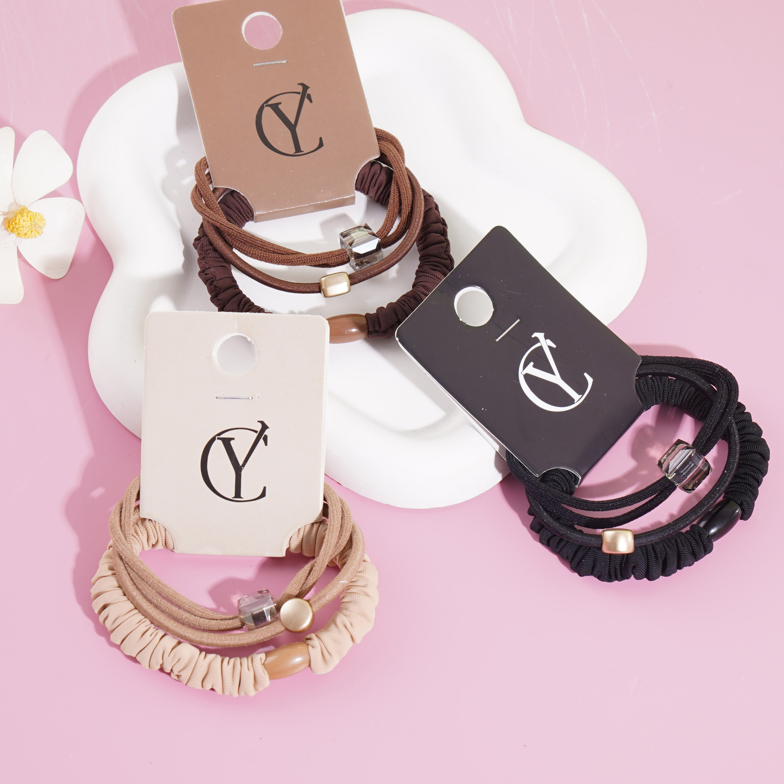 3 square crystal-combined headbands and rubber bands