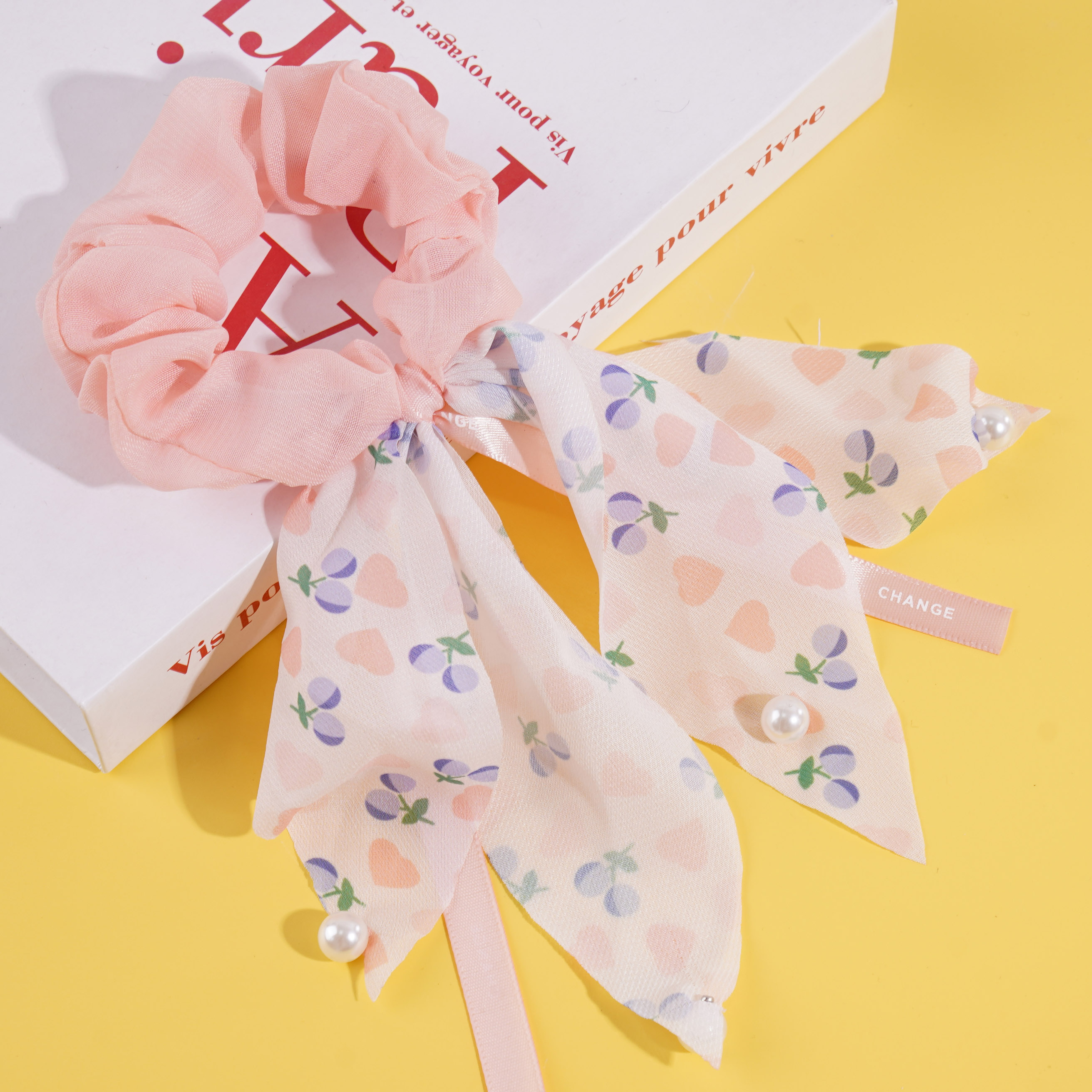 Pearlescent floral chiffon sausage-shaped skirt with a fluttering ribbon