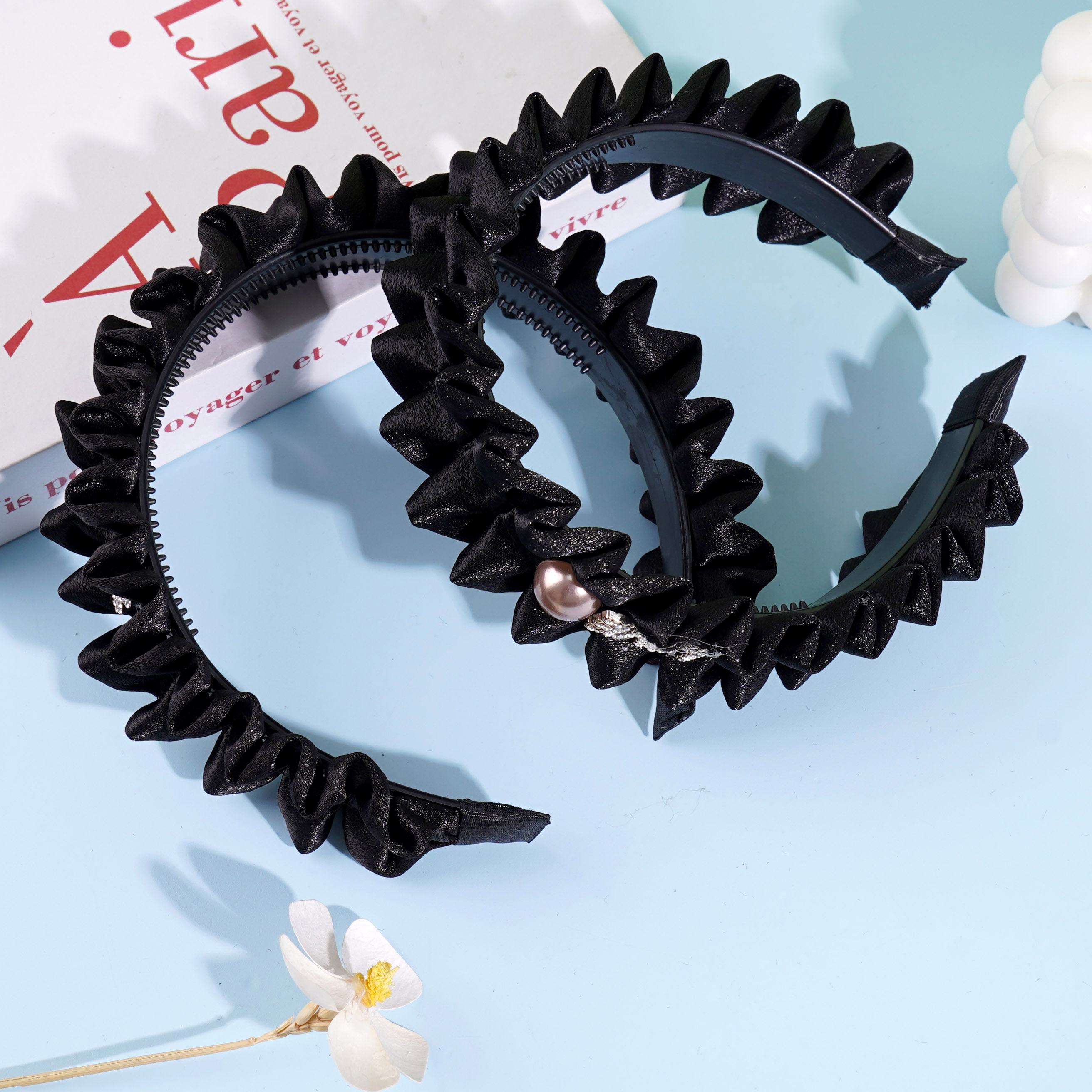 شعر مزدوج أسود + إطار/مشبك شعر بلورات الماس.