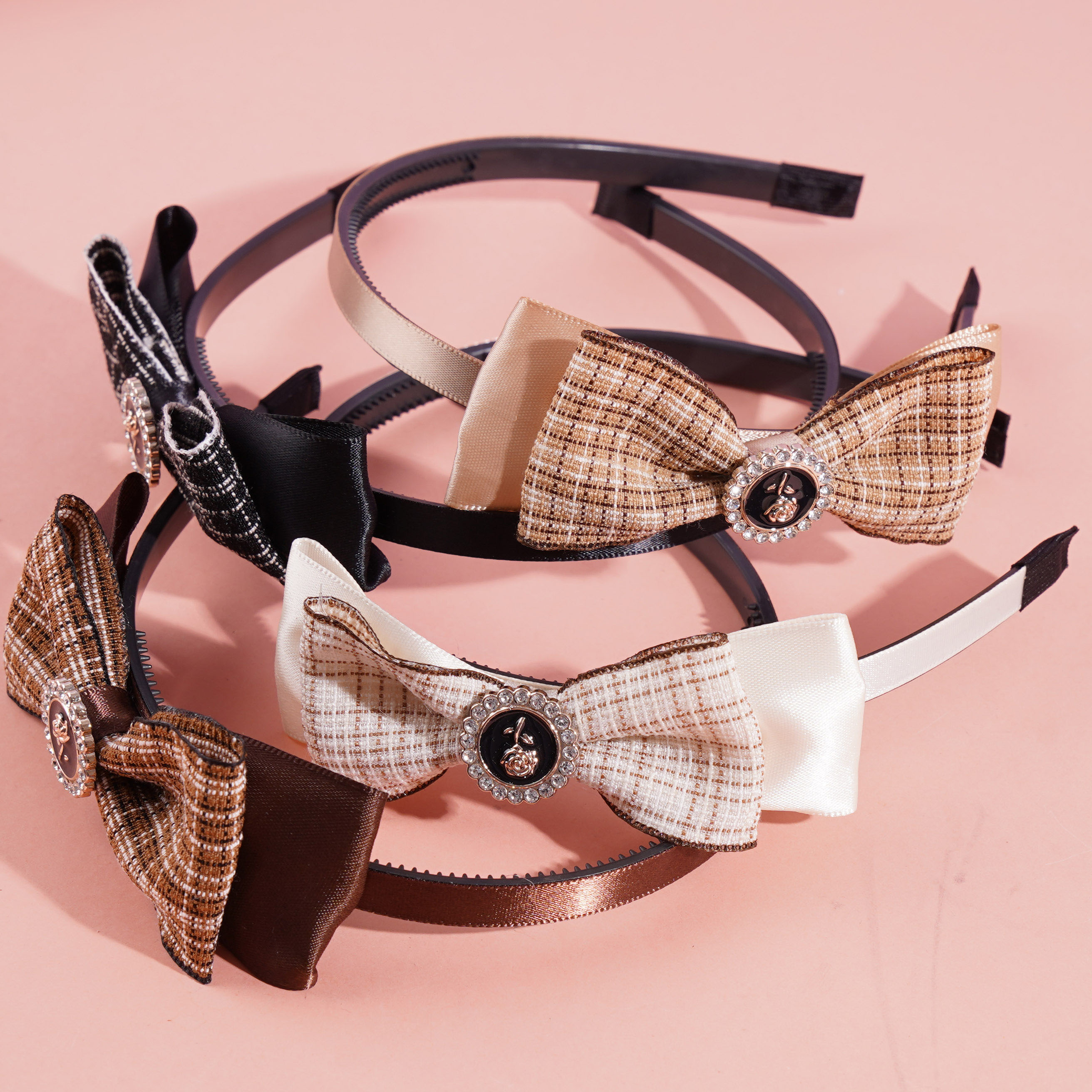 Checkered bow tie rose black diamond headband hair clip