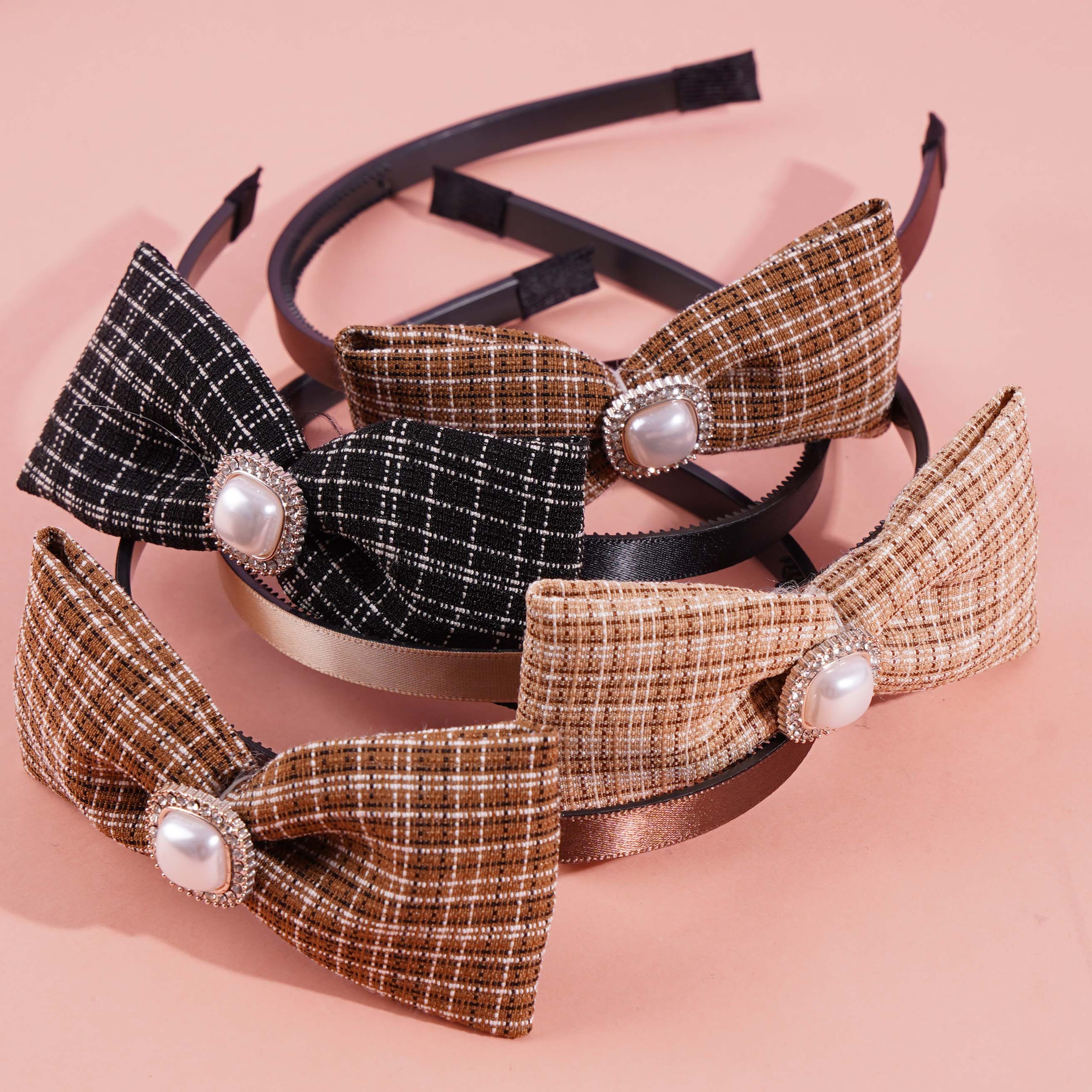 A square pearl headband with a plaid bow tie and a hair clip