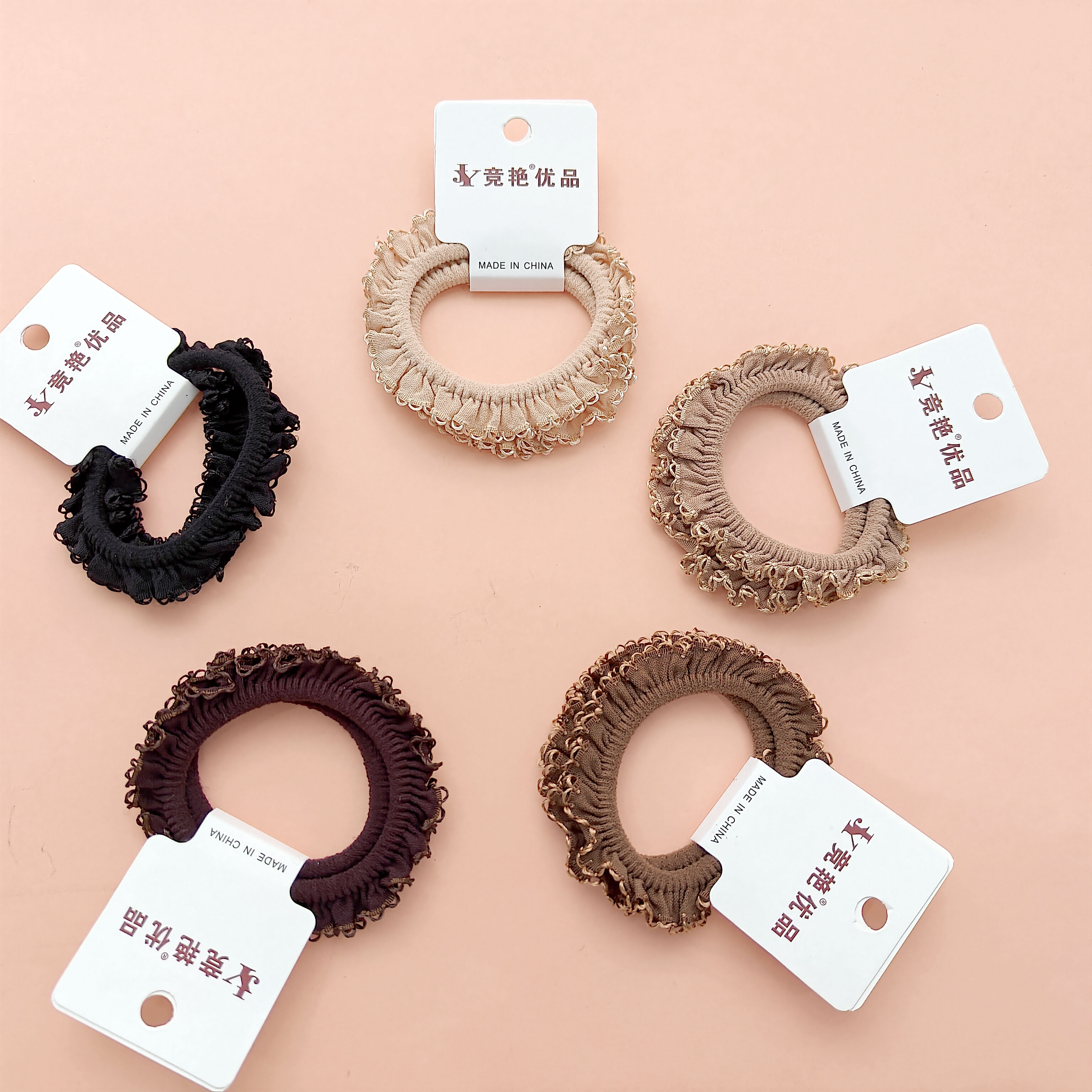 2 black coffee-colored ruffled lace hair ties