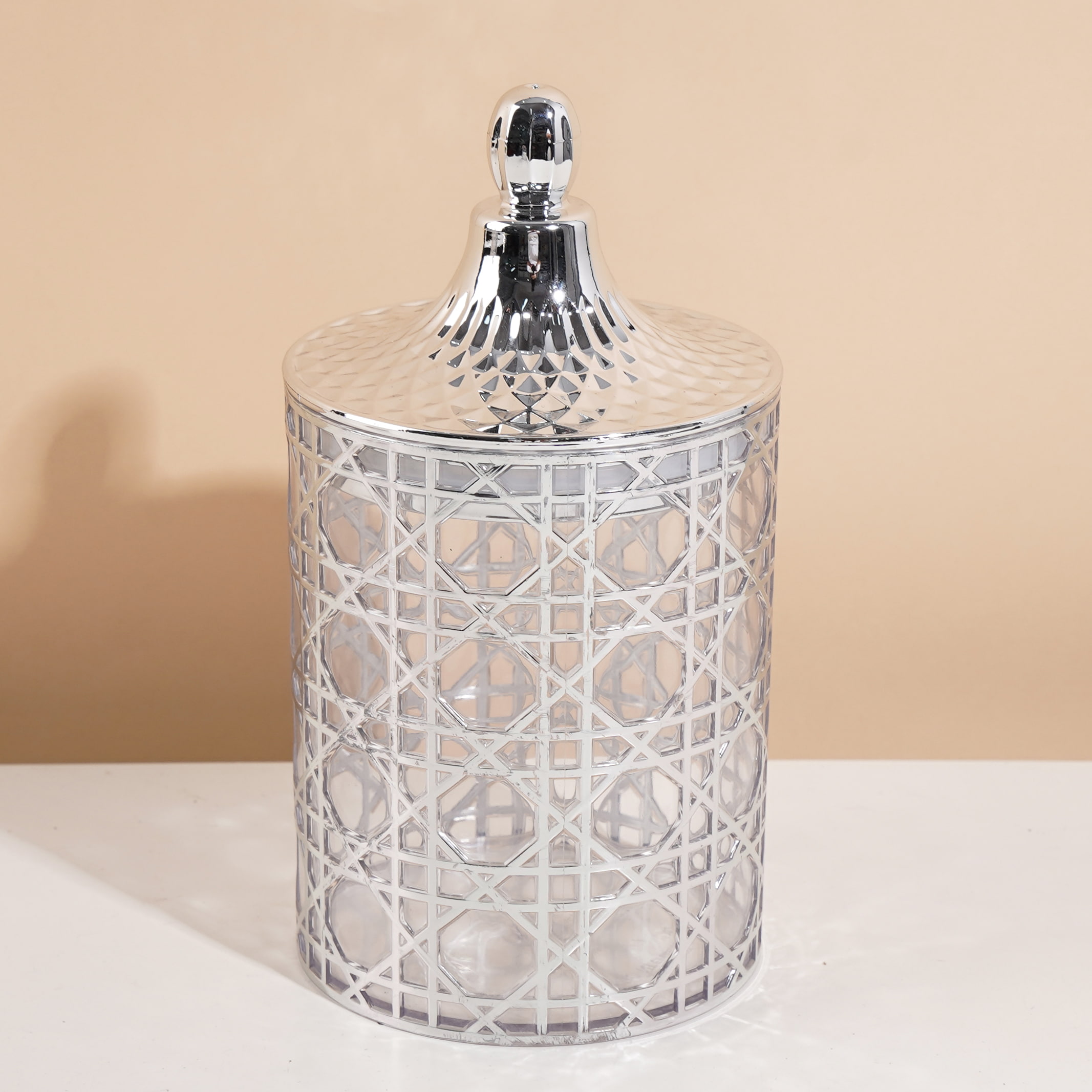 6900-9B Transparent Silver Dior Patterned Sealed Jar, Medium Size