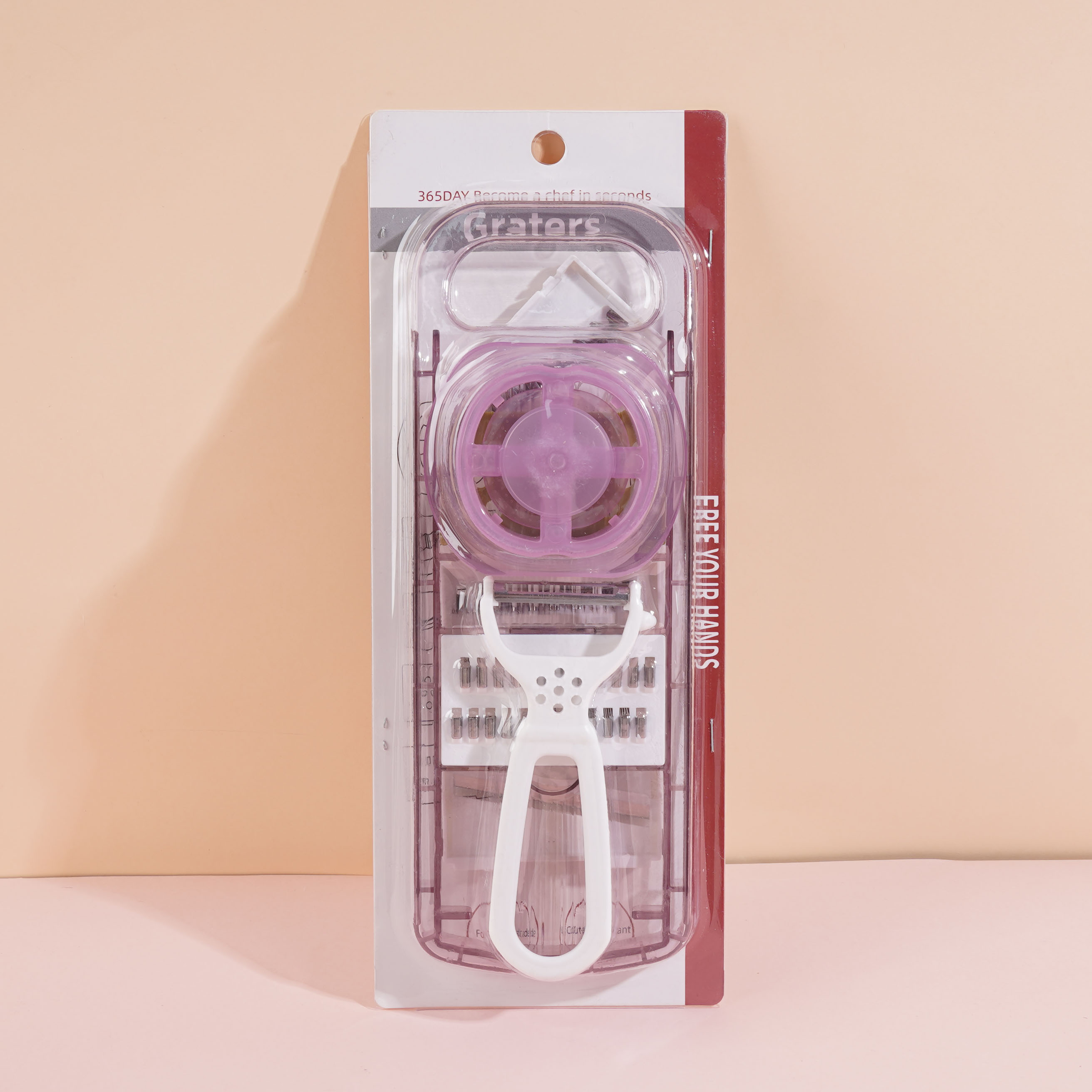 The XMD-A19 includes five knives, a protective glove, and a peeling knife made of PET material.