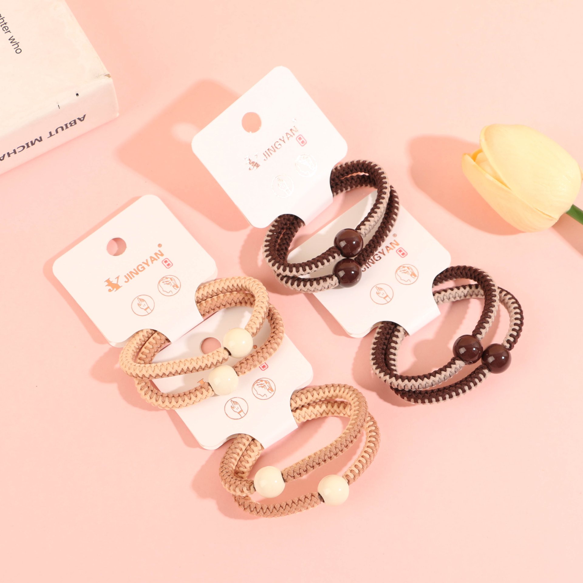 80483 milk coffee-colored round bead hair tie